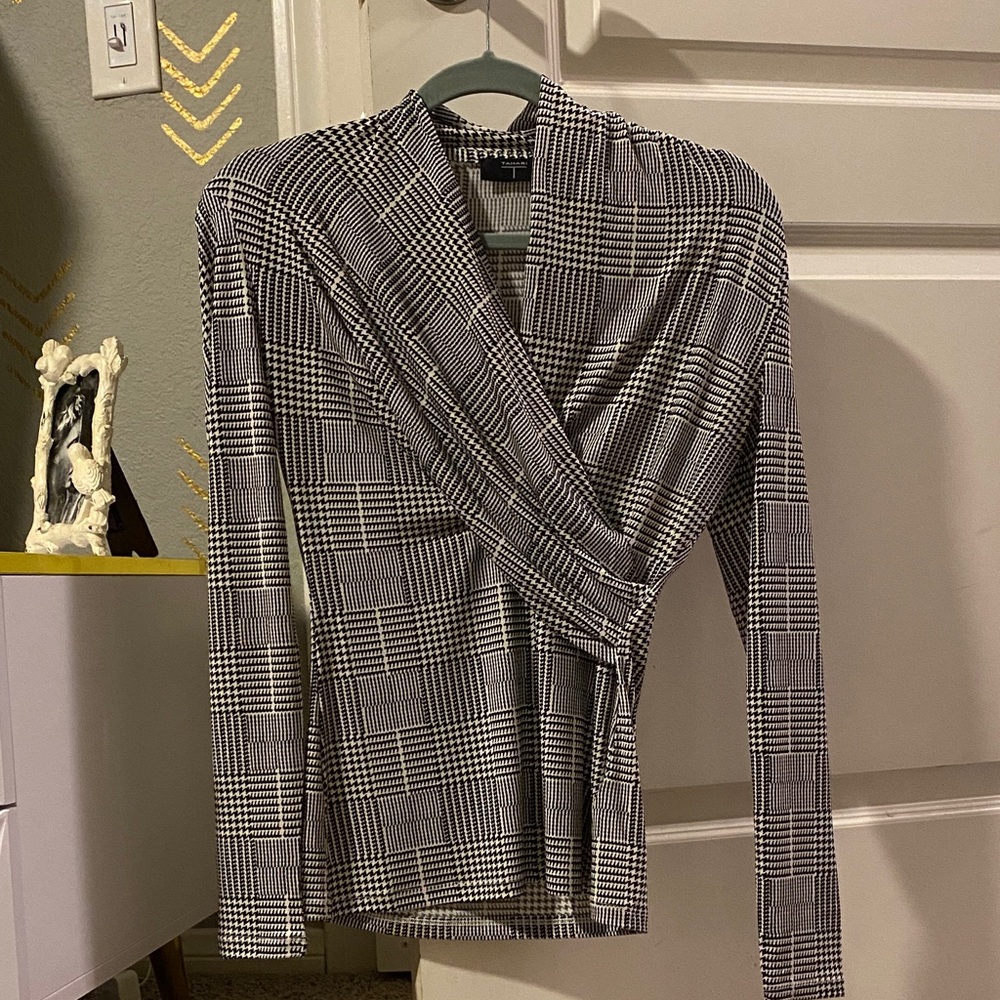 T Tahari Black and White Plaid Wrap Blouse